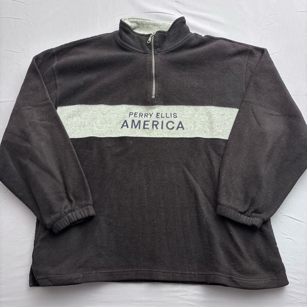 Perry Ellis America Men’s Black & Gray Quarter-Zip Fleece Sweater